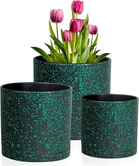 8/7/6 inch Plant Pots, 3 Pack Cylindrical Flower Pots for Outdoor Indoor Plants, Decorative Plastic Planters with Drainage Holes and Saucers for Garden House Plants, Black with Green Speckles