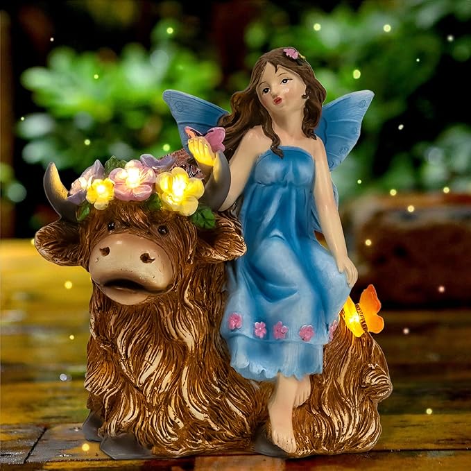 Solar Angel Garden Statue - Garden Fairy Sitting on a Highland Cow with Flowers, Butterflies and 5 LED Lights - Decorate Table, Terrace, Lawn, Birthdays, Grandma, mom