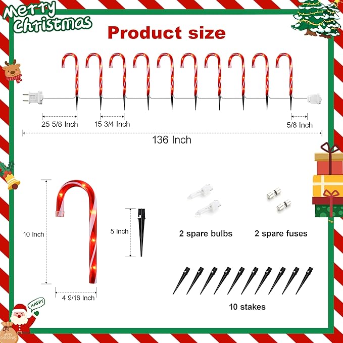 VCOKEN 10'' Christmas Candy Cane Pathway Markers Lights - Set of 10 Christmas Stakes Lights Outdoor Pathway Decorations, Connectable & Light Up Xmas Holiday Party Yard Art Indoor Outdoor Ornament
