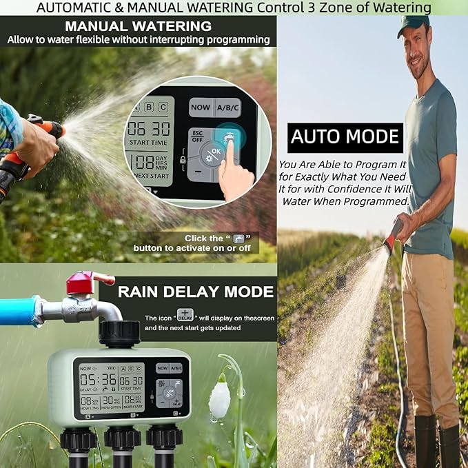 3 Outlet Sprinkler Timer Brass, XinFuture Water Timer, Programmable Garden Hose Timer with Rain Delay, Manual& Automatic Watering System, Waterproof Digital Irrigation Timer for 3 Separate Water Zones