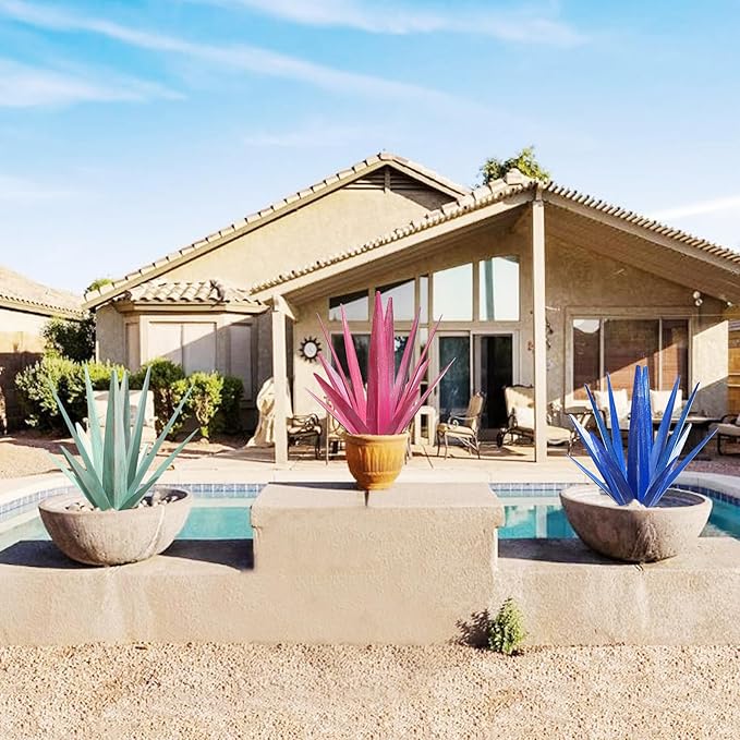 Large Tequila Rustic Sculpture, Rustic Metal Agave Plants for Outdoor Patio Yard, Home Decor Hand Painted Metal Agave Garden Yard Statue, Outdoor Lawn Ornaments Yard Stakes (Dark Blue - M)