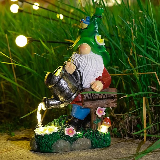 mopha Garden Gnomes Statues Outdoor Decor with Watering Can Solar Lights Resin Figurines Outside Decoration for Patio Yard Lawn Porch Ornaments Clearance Gardening Gift