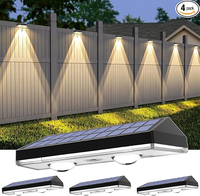 Solar Fence Lights ,RGB & Warm White & 6 Colors Bright Lens LED Dusk to Dawn Deck Light, Fence Solar Lights Outdoor Waterproof, Solar Outdoor Lights for Backyard/Railing/Wall/Step/Patio/Pool (4Pack)
