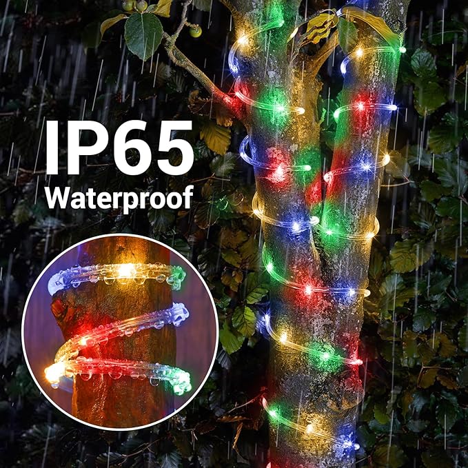 Solar Rope Lights, 2 Packs 66ft 200LED Solar String Lights, 8 Modes Waterproof Solar Powered Outdoor Light, Flexible Clear Tube Light for Garden Backyard Patio Deck Pool Tree Decorations- Multicolor