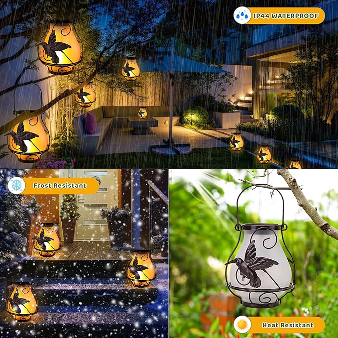 Solar Lanterns, Hanging Outdoor Lantern with Hummingbird LED Flickering Flameless Candles, Solar Lanterns Outdoor Waterproof for Table Party Decorative Yard Pathway (Hummingbird)