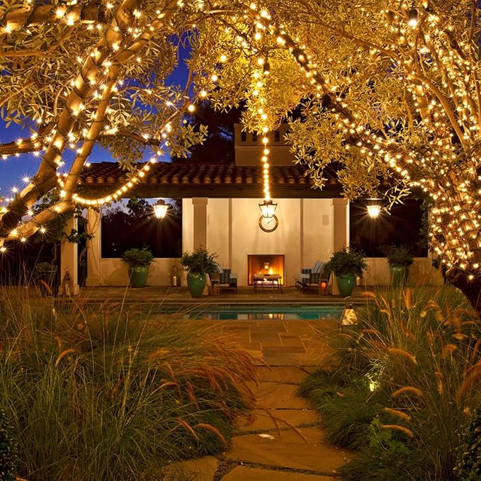 Solar Christmas Lights Outdoor, 33ft 100 LED Solar Fairy String Lights 8 Modes Waterproof Xmas Lights for Garden, Patio, Home, Party, Wedding, Holiday, Tree, Bush, Wreath, Outdoor Decor (Warm White)