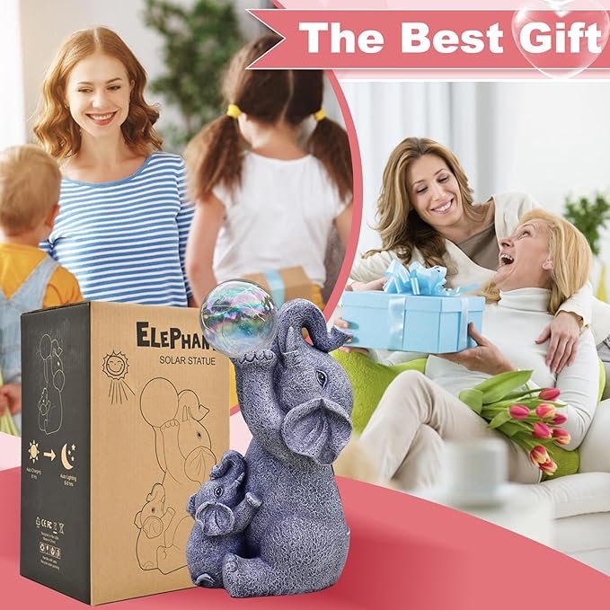 Solar Elephants Outdoor Garden Statues: Outside Decor with Lights Clearance for Yard Art Lawn Ornaments Porch Patio Balcony Home House - Birthday Gifts for Grandma Mom Women