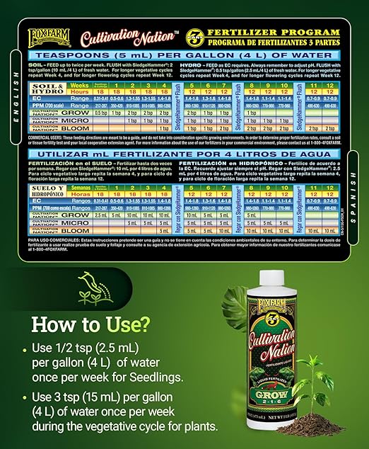 FoxFarm Cultivation Nation Grow Fertilizer - Formula for Optimal Vegetative Growth, Perfect for Soil, Soilless Media, Hydroponics & Aeroponics - Part 1 of 3-Part Feeding Program- NPK 2-1-6 (Pint)
