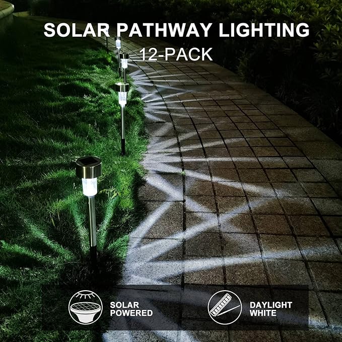 Solar Lights Outdoor Waterproof, Stainless Steel LED Landscape Lighting Outdoor Solar Lights for Outside Solar Garden Lights for Pathway, Walkway, Patio, Yard, Lawn - 12 Pack ( Cold White )