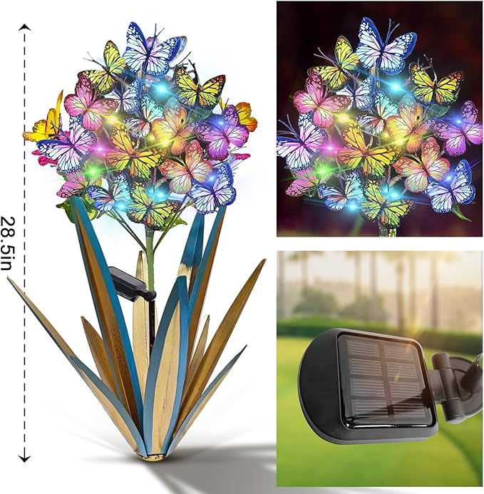 Homight Solar Metal Agave Butterfly Flower Stick Garden Sculpture Outdoor Gift Solar Garden Christmas Lights Swaying Butterfly Sunflower Garden Lights Solar Outdoor (3 PCS Blue)