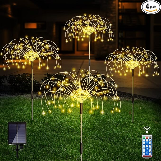 Solar Outdoor Warm White Garden Lights, 4 Pack Firework With 120 LED Starburst String 8 Modes Fairy With Remote, for Wedding Christmas, Lawn Backyard Party Patio Decoration