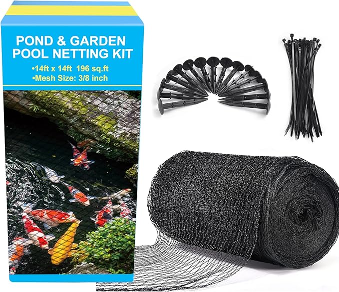 Pond Netting, 14 x 14 FT Pond Net Heavy Duty Pond Netting for Koi Ponds, Garden Pool Fine Mesh Netting Kit for Leaves, Protects Koi Fish from Birds Cats Predators, with 14 Stakes and 30 Cable Zip Ties