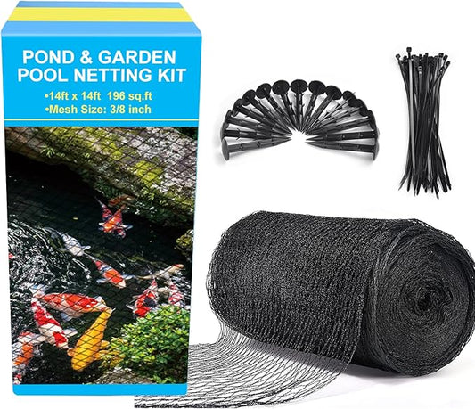 Pond Netting, 14 x 14 FT Pond Net Heavy Duty Pond Netting for Koi Ponds, Garden Pool Fine Mesh Netting Kit for Leaves, Protects Koi Fish from Birds Cats Predators, with 14 Stakes and 30 Cable Zip Ties