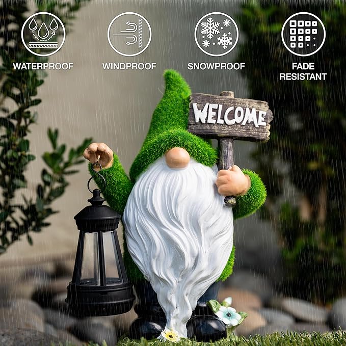 Garden Gnome Statue with Lantern - 11'' Spring Garden Gnomes Outdoor Christmas Decorations w/ Solar Light - Yard Gnomes Decorations - Vintage Solar Gnome, Housewarming Gifts for Women & Men
