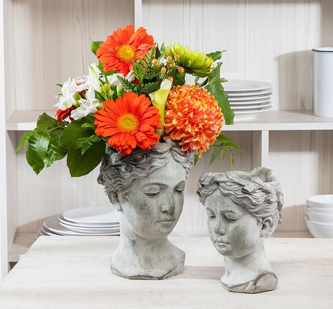 Abbott Collection Goddess Head Planter - Small Cement Indoor and Outdoor Planter Pot - Grecian Woman Statue Head Planter for Flowers and Succulents (Grey, 3.5" Opening)
