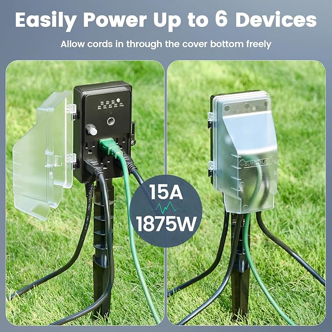 SURAIELEC Outdoor Power Stake, Dusk to Dawn Light Timer, 15FT Extension Cord Multiple Outlet; 6 Electrical Outlet Power Strip Weatherproof, for Patio Lights, Sprinkler, Garden, Christmas Decorations
