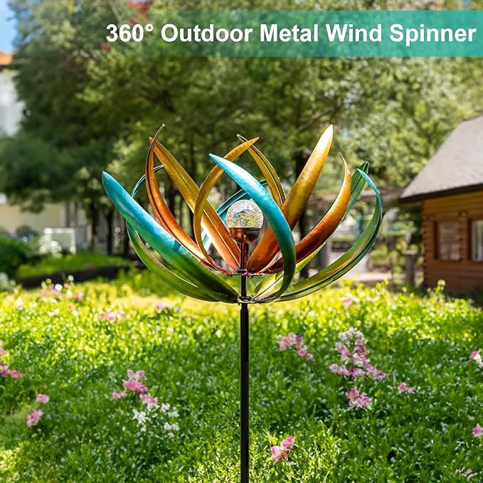 Large Solar Wind Spinners for Yard and Garden-82.6 Inch 360° Metal Wind Sculptures Outdoor Clearance Kinetic Windmills with Multi Color Led Glass Ball
