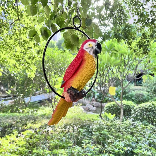Lifelike Parrot Garden Statues Hanging Decor Ornaments Figurines Sculpture for Patio Lawn Yard, Blue Tail (Red Tail)