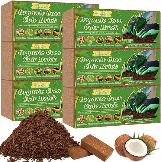 Halatool 6PCS Organic Coconut Coir Bricks Compressed Coco Coir Brick Nutrient Garden Soil with Low EC & pH Balance Premium Starting Soil Coconut Fiber Substrate for Plants Flowers Reptiles