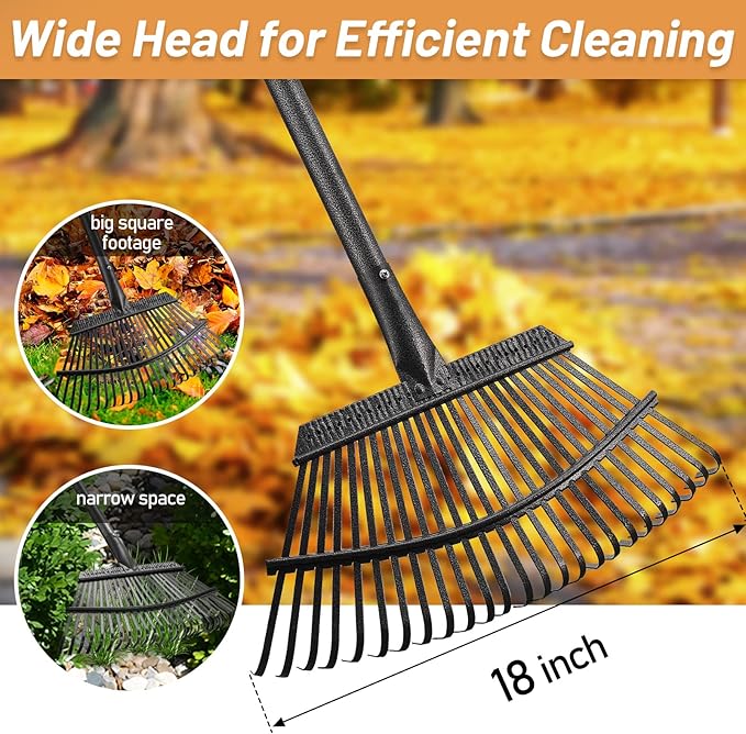 Garden Rake - Large Leaves Rakes for Gardening - 25 Metal Tines 18" Wide - 78" Long Handle Leaf Rakes for Lawns Heavy Duty for Yard Lawn Shrub Garden Beds