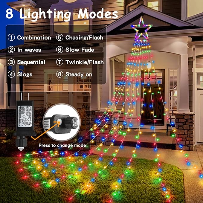BlcTec Outdoor Christmas Decorations, 317 LEDs Christmas Lights with 9 Strands 11.9ft Waterfall Christmas Tree Lights, 8 Modes, Waterproof, Topper Star & Timer for Yard Patio Xmas Décor, Multicolor