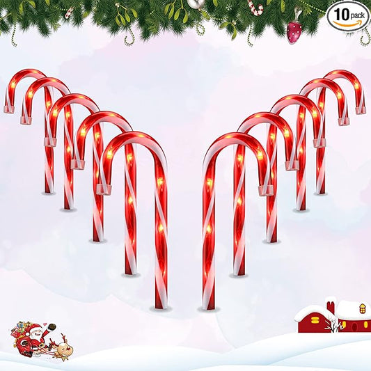 VCOKEN 10'' Christmas Candy Cane Pathway Markers Lights - Set of 10 Christmas Stakes Lights Outdoor Pathway Decorations, Connectable & Light Up Xmas Holiday Party Yard Art Indoor Outdoor Ornament