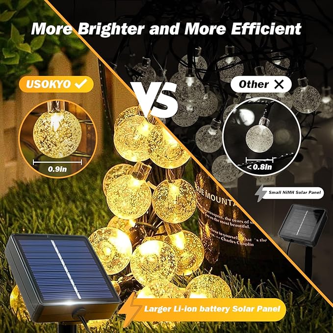 Solar Lights Outdoor Waterproof, 2 Pack Total 200LED 110FT Solar String Lights for Outside w/ 8 Modes, Outdoor String Lights Crystal Globe Patio Lights for Garden Yard Party Decor(Warm White)