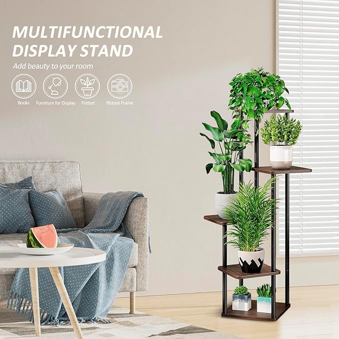 5 Tier Wood Tall Plant Stand Metal Rack Indoor, Multiple Flower Pot Holder Shelves Corner Rack, Planter Shelf Display Rack Storage Organizer for Patio Living Room Balcony Garden(Black Oak)
