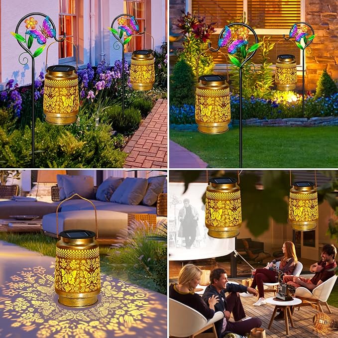 2 Pack Solar Lanterns Outdoor Waterproof,Butterfly Solar Lights Garden Decor Gifts for Mom Women Grandma Decoration Outside for Yard, Patio,Backyard,Porch