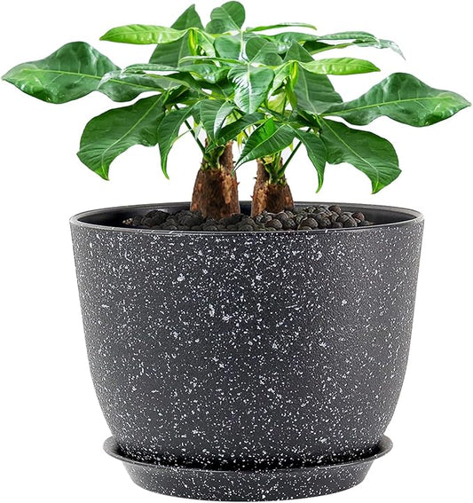 12inch Large Plant Pot, Modern Plastic Planter with High Driange Holes and Saucer for Indoor Outdoor Garden Plants and Flowers, Black Speckles