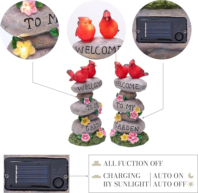TERESA'S COLLECTIONS Garden Statues with Outdoor Solar Lights for Garden Decor, Cardinal Birds Welcome Yard Sign Rocks & Flower Resin Valentines Decorations, Gifts for Mom Yard Decor, 11"
