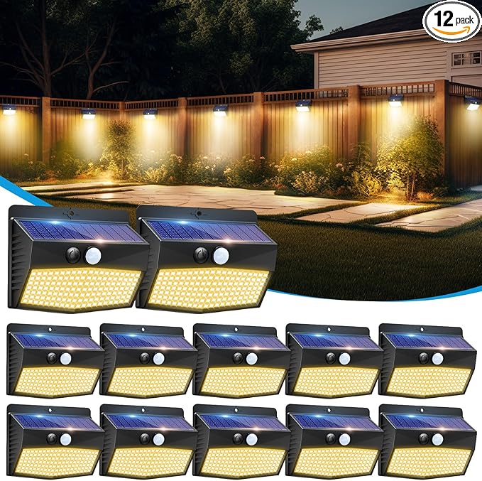 Solar Motion Sensor Lights Outdoor [ 12 Packs/138 LED ] Solar Fence Lights with 3 Lighting Modes, Solar Powered Security Lights Waterproof for Outside Yard Garden Backyard Deck Step Garage,Warm White
