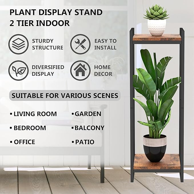 34" Tall Plant Stand Indoor, 2-Tier Modern Plant Shelf Corner Flower Pot Holder Organizer for Living Room Balcony Garden, Rustic Brown