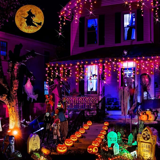 Hezbjiti 400LED Halloween Lights Purple Orange Icicle Lights 32.8FT Halloween String Lights Outdoor Decoration 8 Modes 75 Drops Fairy Lights for Eaves Party Yard Garden Halloween Decor