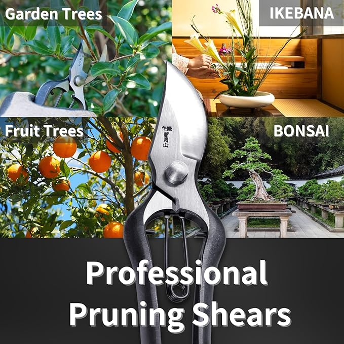 Japanese Pruning Shears for Gardening 9”, Professional Heavy Duty Bypass Pruners, Hand Forged Japanese Carbon Steel Blade, Spring Loaded Handle, Made in Japan