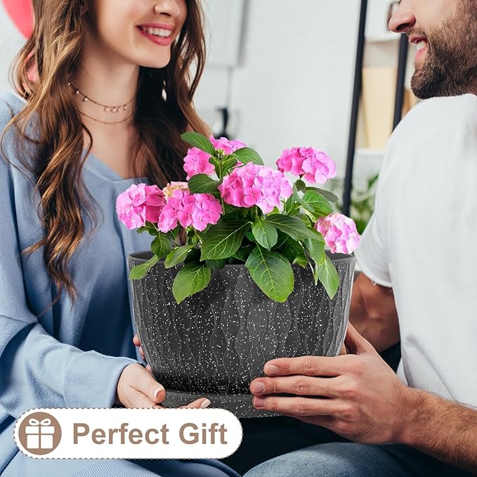 12 Inch Wide Water Ripples Flower Pots for Indoor or Outdoor Plants, Large Plant Pots with Drainage Holes & Saucer, Plastic Planters Set for Garden & Home Decor (Black with White Speckles)