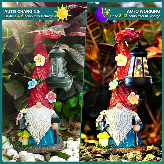 Solar Gnome Garden Statue Lights Gnome Figurine with Solar Lantern, Outdoor Garden Succulent Waterproof Ornaments Decorations for Yard, Lawn, Patio – Ideal Gift for Women, Mom, Grandma, Etc.