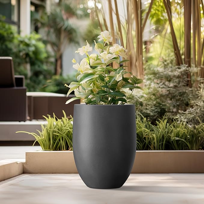 Kante 21.7" H Natural Concrete Tall Planter, Large Outdoor Indoor Decorative Pot with Drainage Hole and Rubber Plug, Modern Round Taper Style for Home and Patio Burnished Black