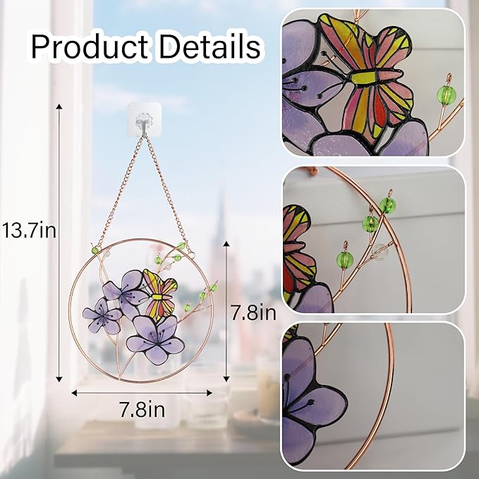 Suncatcher Stained Glass Window Hanging,DASTOLL Floral Butterfly Design Beautiful Suncatchers for Windows,Elegant Sun Catchers for Indoor Window Decor Beautiful Gifts for Butterfly Lovers