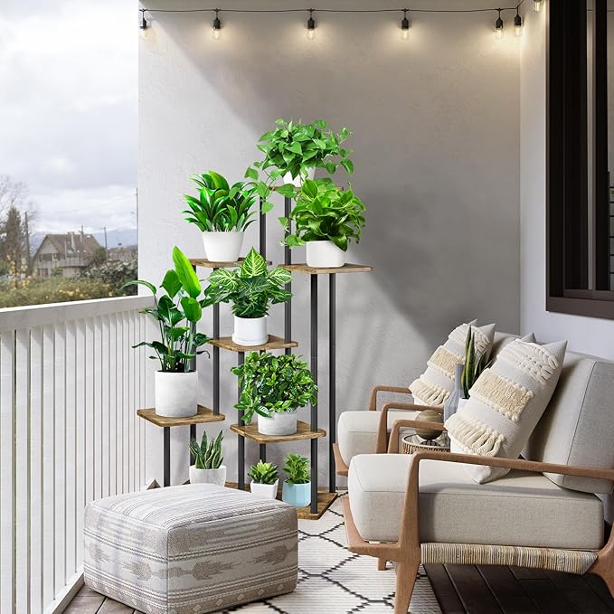 7 Tier Wood Tall Plant Stand Metal Rack Indoor, Multiple Flower Pot Holder Shelves Corner Rack, Planter Shelf Display Rack Storage Organizer for Patio Living Room Balcony Garden(Black)