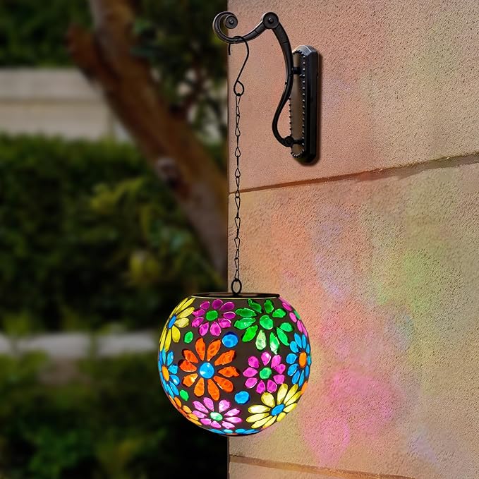 Colorful Solar Hanging Lanterns Glass Mosaic Gazing Ball Globe Hanging Lantern Lights Outdoor Waterproof for Patio Garden Yard Home Decor (Flowers)