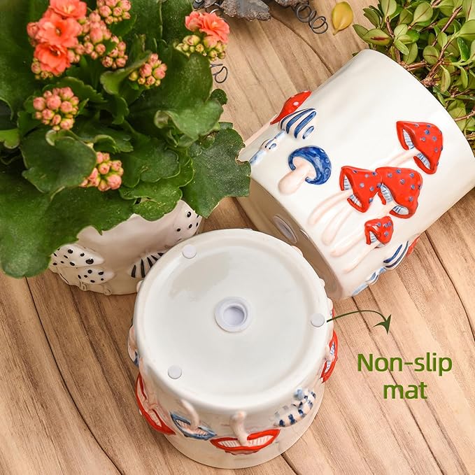 Colorful Mushroom Ceramic Planter for Indoor Plants, Small Plant Pots with Drainage, 5 Inch Pots for Plants, Flower Pots for Outdoor Indoor Plants, Plant Pot for Windowsill Patio Garden