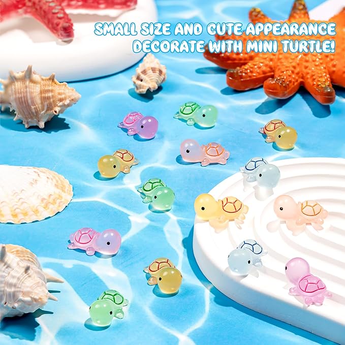 150PCS Luminous Mini Resin Turtles Sea Turtles Figurines Glow in The Dark, Cute Tiny Turtles Bulk for Cake Toppers Ocean Animal Theme Decor Garden Micro Landscape DIY Hidden Game (6 Colors)