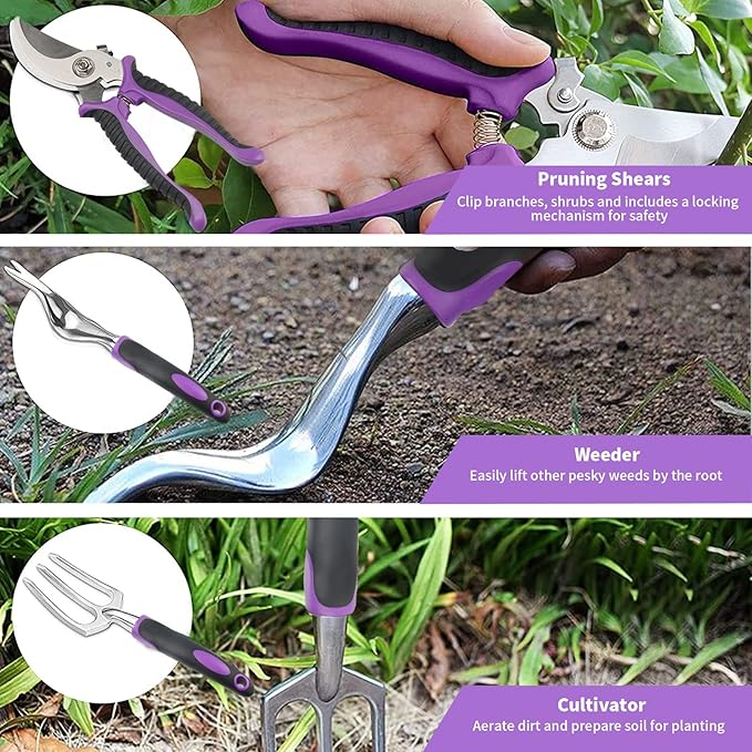 Covacure Gardening Tool Set - 11 Piece Aluminum Alloy Steel Hand Tool Starter Kit with Garden Bag, Outdoor Tool, Heavy Duty Gardening Work Set, Gardening Tools Gift for Women and Men
