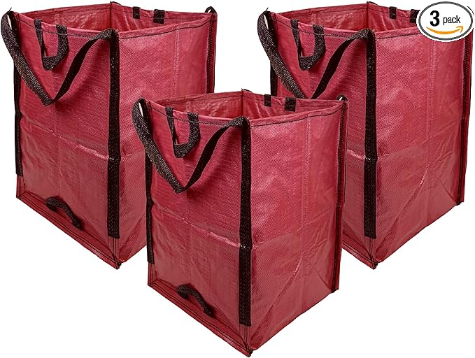 DURASACK Heavy Duty Home and Yard Waste Bag 48-Gallon Woven Polypropylene, Reusable Lawn and Leaf Garden Bag with Reinforced Carry Handles, Pop-Up Self-Standing Garbage Can, Red, Pack of 3