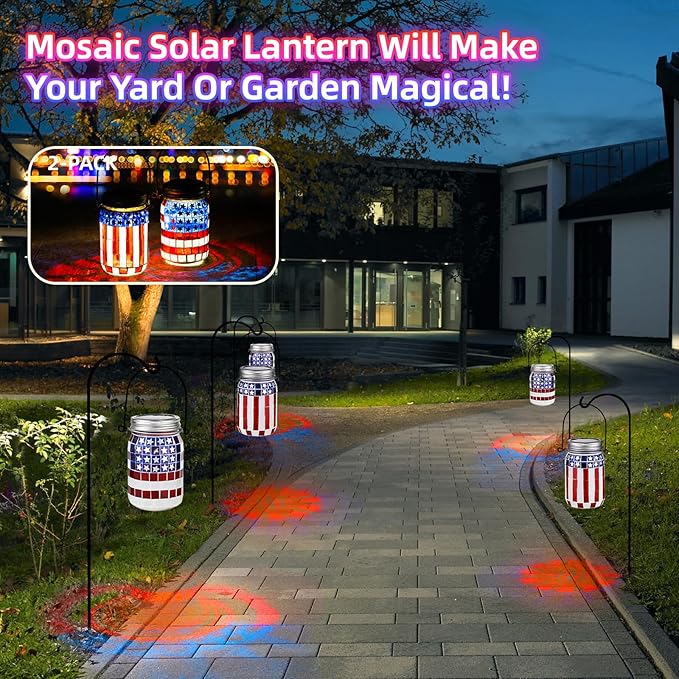 VOREEN 2 Pack Mosaic Solar Lanterns, Outdoor Glass Hanging Lights, Solar Table Lamps, Waterproof, American Flag Jar Lights Gifts, Patriotic Theme Decoration for Garden, Patio, Yard, Easter Gifts