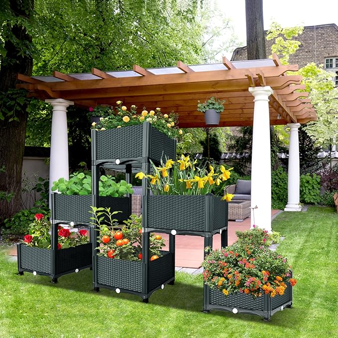 MAYOLIAH Garden Raised Bed Kit, 6 Elevated Planter Boxes with Drainage Holes, Taller Plastic Garden Bed for Vegetables Herbs Flowers Fruits Planting in Front Porch Yard Patio Balcony, Grey