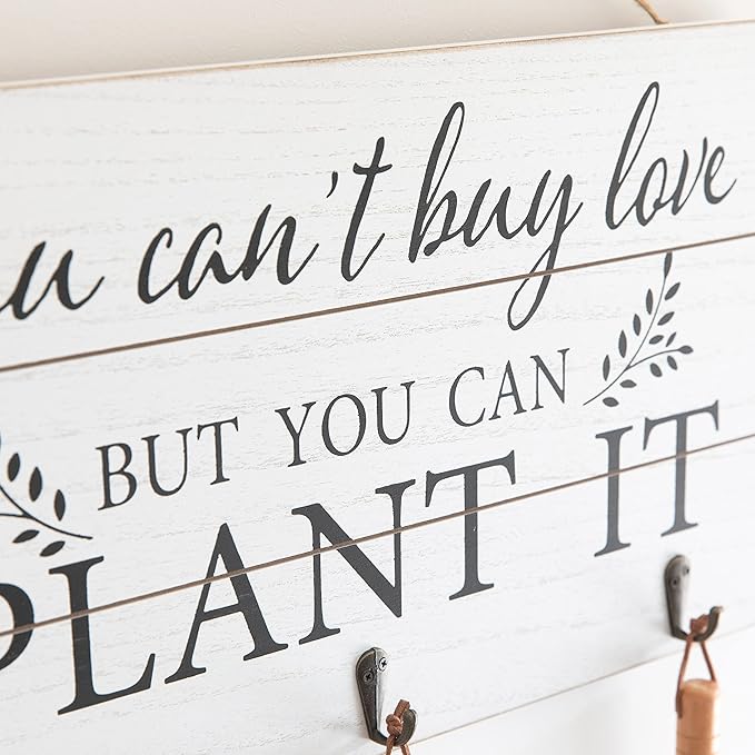COLLECTIVE HOME - Garden Decor with Tools, Inspirational Wood Hanging Signs, Garden Tools Set - 3 Piece, Out Door Decor with Hooks, You Can't Buy Love BUT You CAN PALNT IT, 15.75"x9.5" (White)
