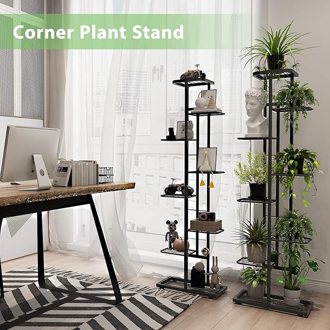 Corner Plant Stand Indoor 8 Tier 9 Potted with Gardening Tools and Gloves, Upgraded Tall Metal Plant Shelf Organizer Outdoor, Multiple Flower Holder Display Rack for Patio, Garden, Balcony, Living