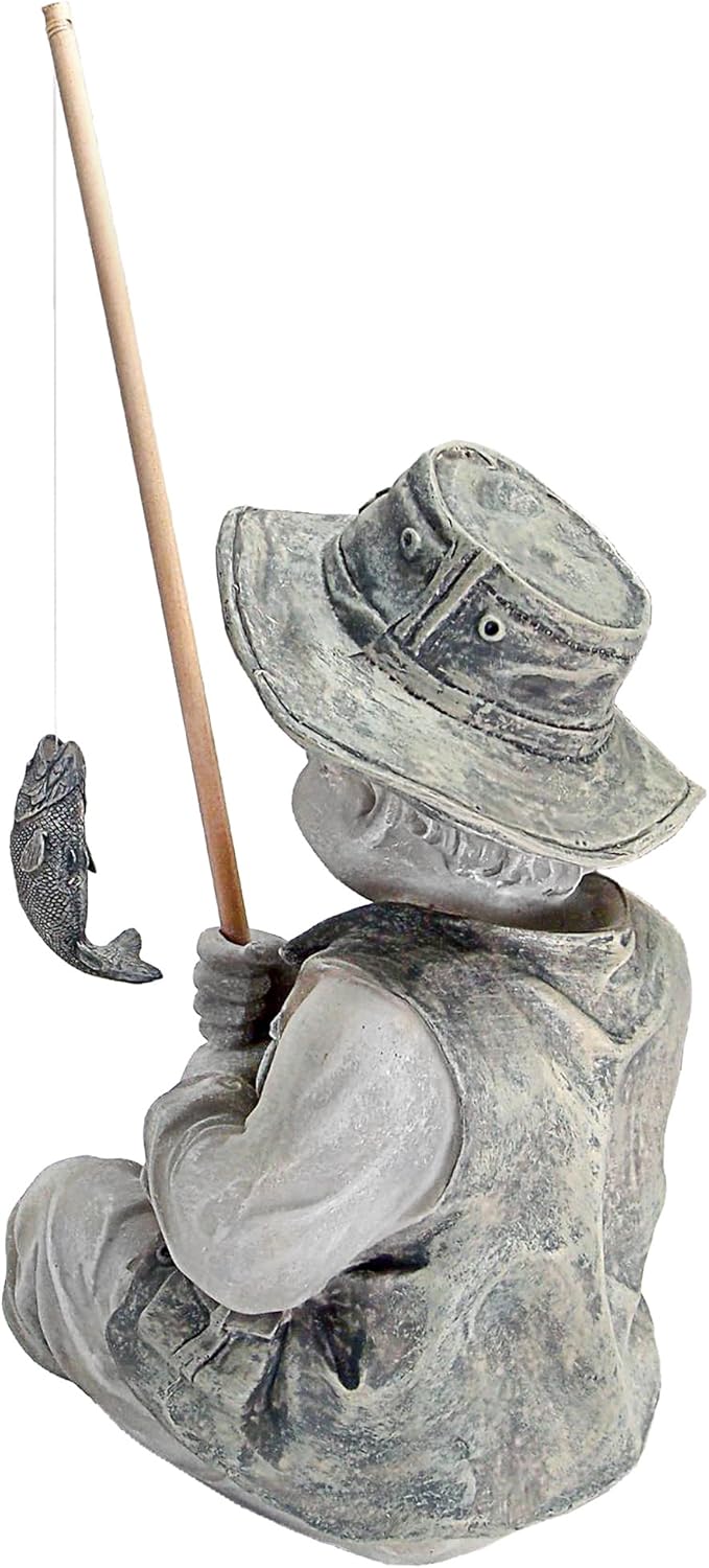 Design Toscano Frederic the Little Fisherman of Avignon Boy Fishing Garden Statue, 15 Inch Tall, Cast Stone Resin, Two Tone Stone Finish
